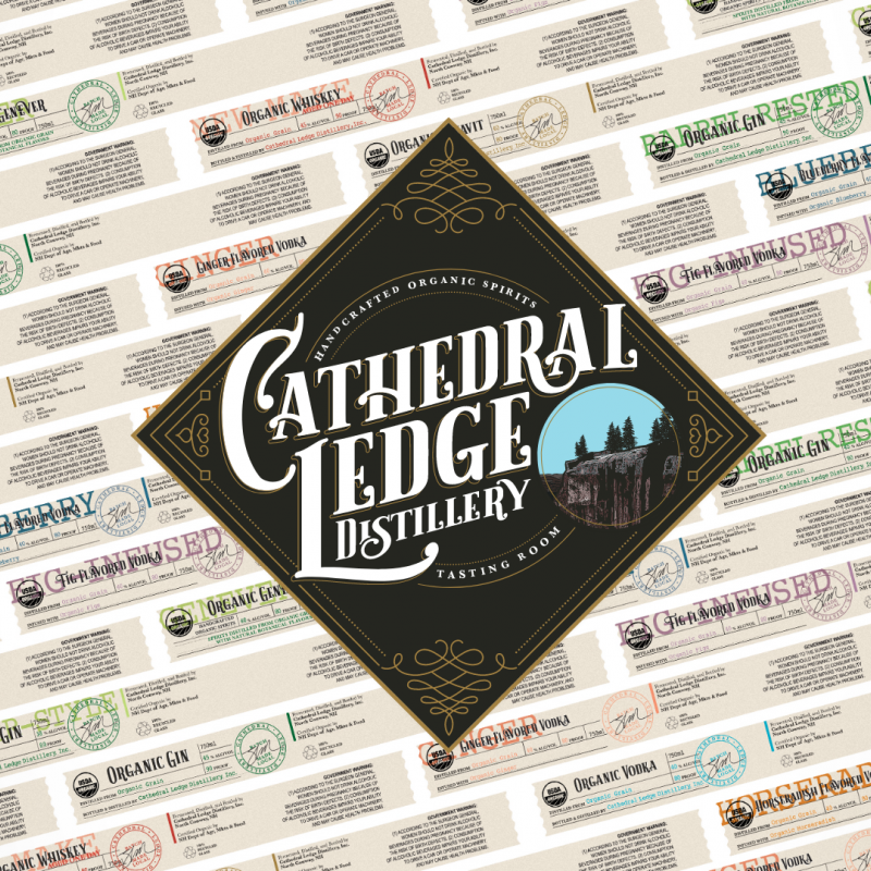 Dark diamond shaped logo over mock-up of multiple bottle bands with different colors and flavors