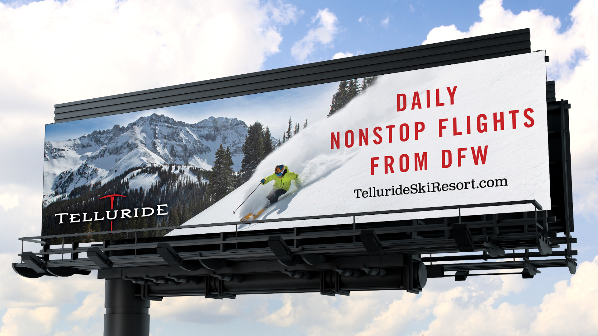 1920 Telluride billboard mockup Daily nonstop flights from DFW
