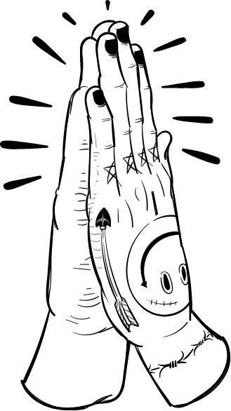 Praying hands with happy tattoo doodle