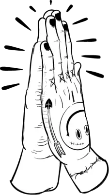 Praying hands with happy tattoo doodle